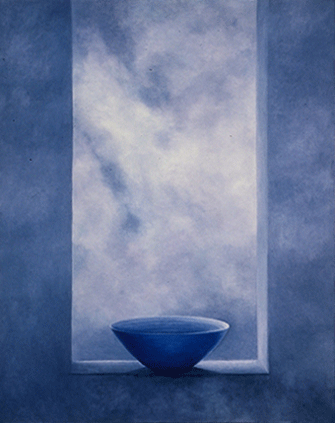 oil painting of blue bowl on window frame with clouds