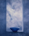 oil painting of blue bowl in window frame