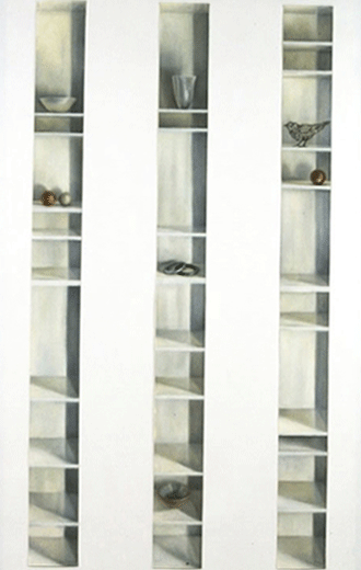 three tall, slim pastel drawings of single  tall shelves,  grouped together with minimalist art objects
