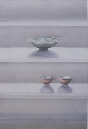 pastel painting of ceramic bowls, with layered background