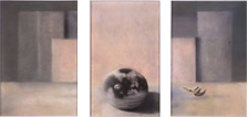 pastel triptych of round ceramic bowl with pink surrounds