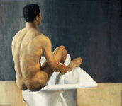 oil painting of Olivier perched on bathtub